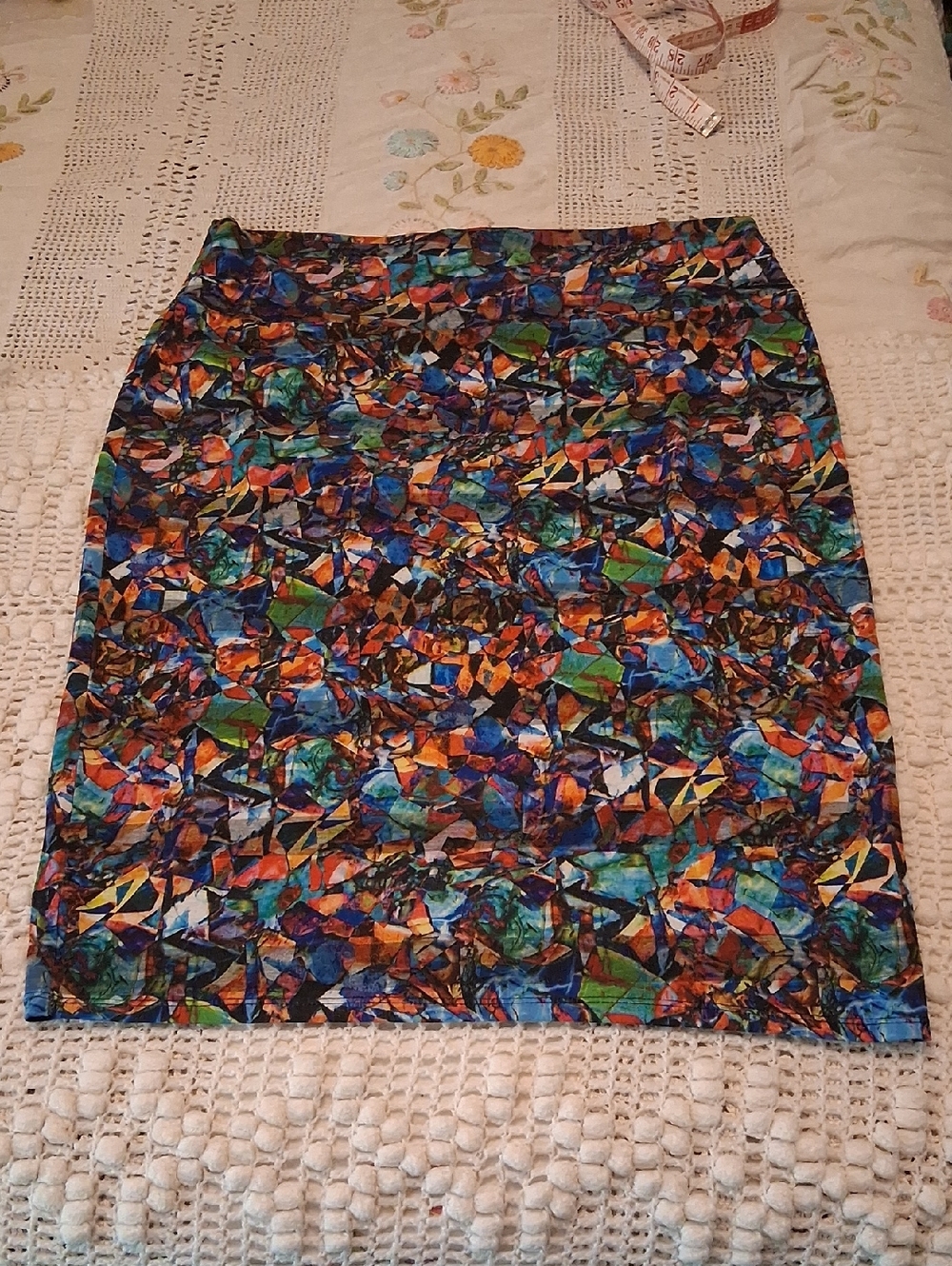 LuLaRoe Multicolor Geometric Pencil Skirt — Blue, Green, Orange & Black